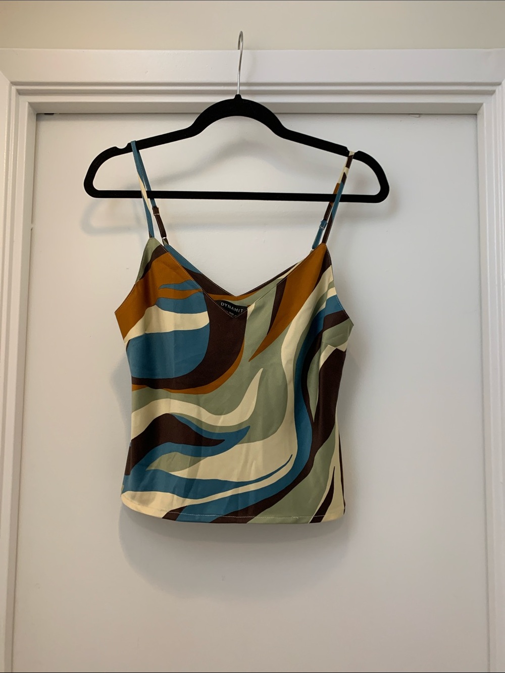 Dynamite Swirl Print Satin Cami in Teal, Olive & Brown